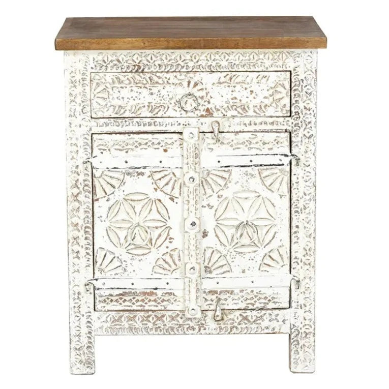 Urban Loft Handmade Solid Mango Wood Floral Carved Bedside Table in Distressed White