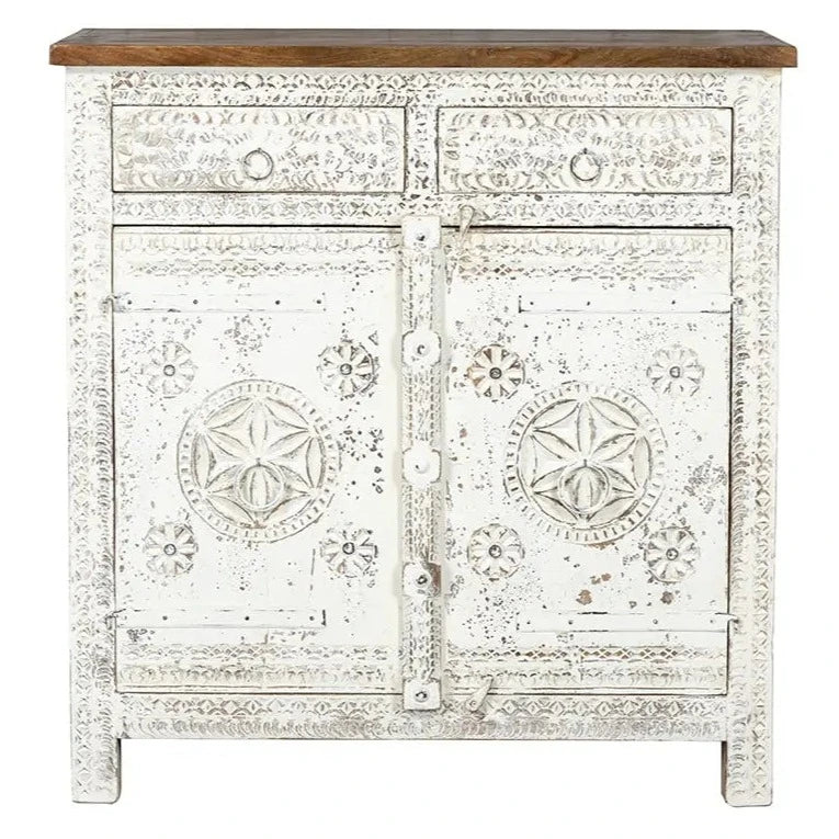 Urban Loft Handmade Solid Mango Wood Floral Carved 2 Door Cabinet in Distressed White