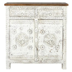 Urban Loft Handmade Solid Mango Wood Floral Carved 2 Door Cabinet in Distressed White