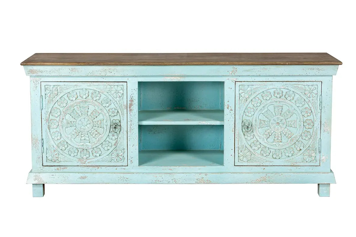 Urban Loft Handmade Solid Mango Wood Carved 2 Doors TV Unit in Blue