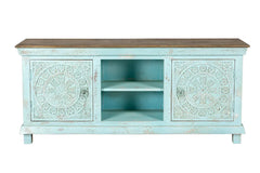 Urban Loft Handmade Solid Mango Wood Carved 2 Doors TV Unit in Blue