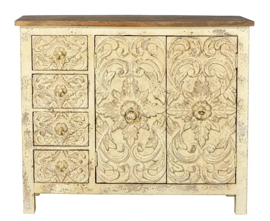 Urban Loft Handmade Solid Mango Wood Carved Sideboard Distresses White