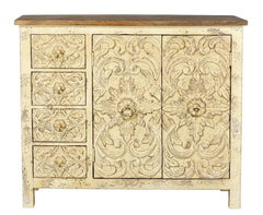 Urban Loft Handmade Solid Mango Wood Carved Sideboard Distresses White