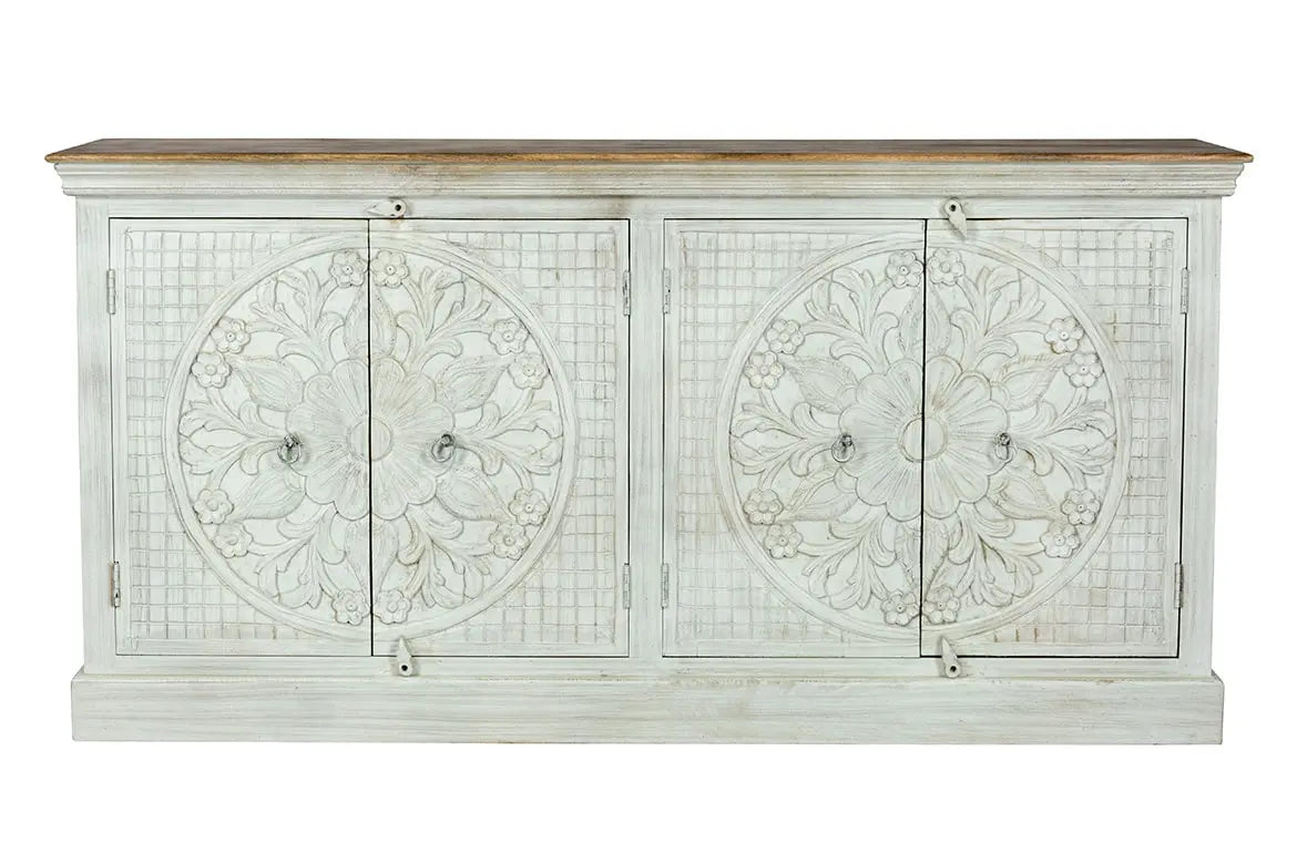 Indian Furniture Solid Hard Wood Sideboard Mandala Carvings in White