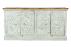 Indian Furniture Solid Hard Wood Sideboard Mandala Carvings in White