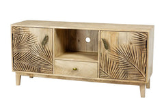 Urban Loft Handmade Solid Mango Wood Carved 2 Doors TV Unit Natural