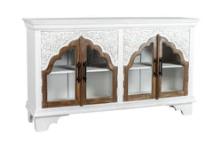 Urban Loft Handmade Solid Mango Wood Carved Glass Doors Sideboard in All White