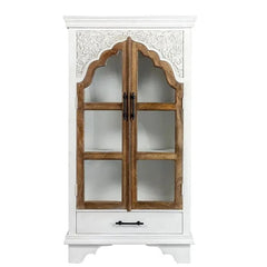 Urban Loft Handmade Solid Mango Wood Carved Glass Doors Cabinet in White