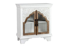 Urban Loft Handmade Solid Mango Wood Carved Glass Doors Cabinet in All White