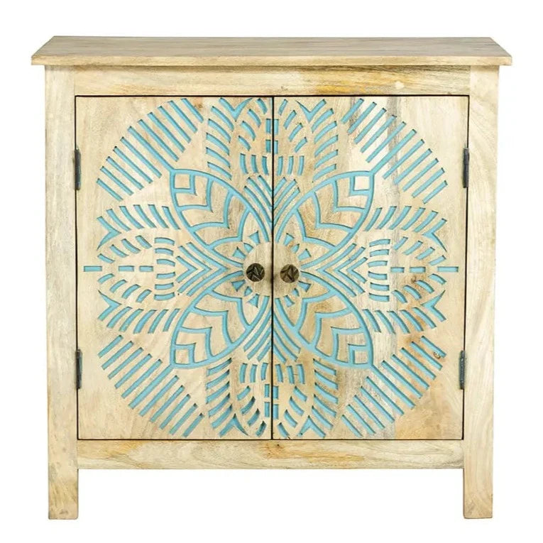 Urban Loft Handmade Solid Mango Wood Carved 2 Doors Cabinet