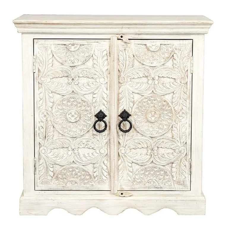 Urban Loft Handmade Solid Mango Wood Carved 2 Door Cabinet Bleached