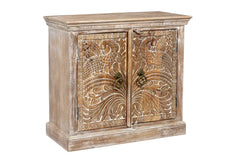 Urban Loft Handcrafted Solid Mango Wood Carved 2 Door Cabinet Whitewash