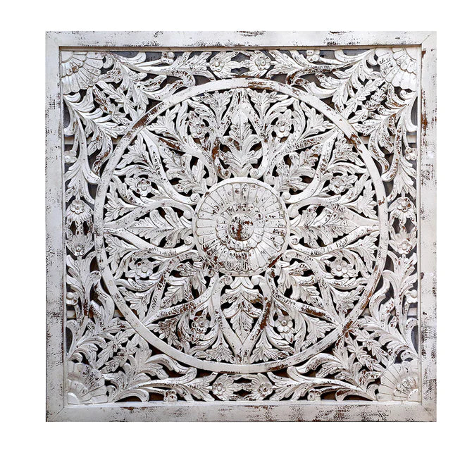 Solid Hard Wood Mandala Jali Panel Whitewashed 60x60Cm