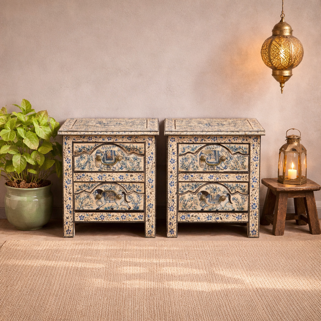 Indian Hand Painted Solid Wood Bedside Table (Set of 2) 43X37X50 cm
