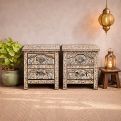 Indian Hand Painted Solid Wood Bedside Table (Set of 2) 43X37X50 cm