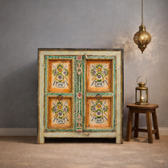 Indian Furniture Hand Painted Solid Wood Cabinet 90X43X104 Cm