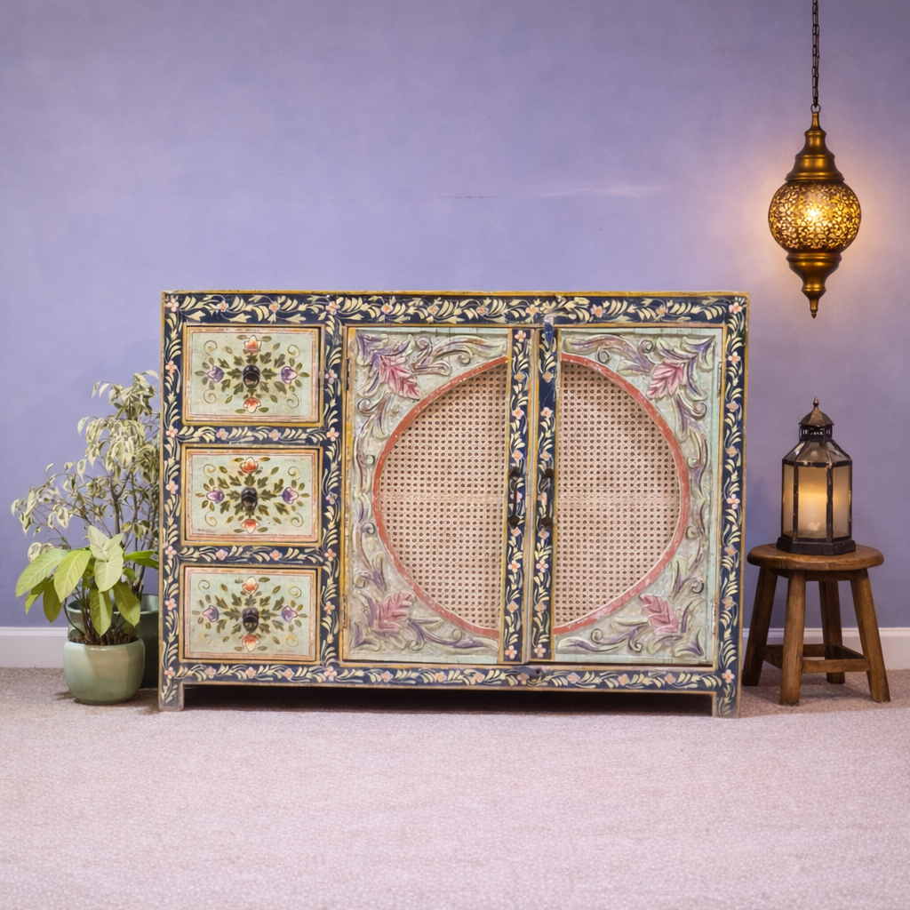 Hand Painted Solid Wood Rattan Sideboard 122X40X90 cm