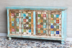 Moroccan Mosaic Handmade Mango Wood 4 Doors Sideboard in Blue