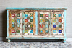 Moroccan Mosaic Handmade Mango Wood 4 Doors Sideboard in Blue