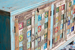 Moroccan Mosaic Handmade Mango Wood 4 Doors Sideboard in Blue