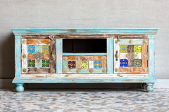 Moroccan Mosaic Handmade Mango Wood 2 Doors TV Cabinet in Blue