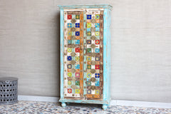 Moroccan Mosaic Handmade Mango Wood 2 Doors Wardrobe Cabinet in Blue