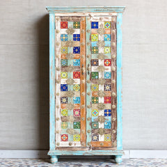 Moroccan Mosaic Handmade Mango Wood 2 Doors Wardrobe Cabinet in Blue