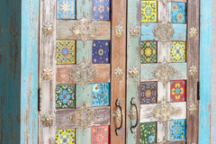 Moroccan Mosaic Handmade Mango Wood 2 Doors Wardrobe Cabinet in Blue