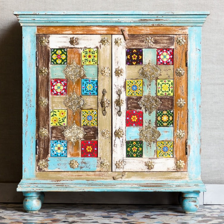 Moroccan Mosaic Handmade Mango Wood 2 Doors Cabinet in Blue