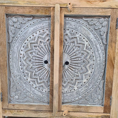 Handmade Carved Indian Furniture Solid Hard Wood Cabinet Floral Pattern Grey 120x40x75Cm