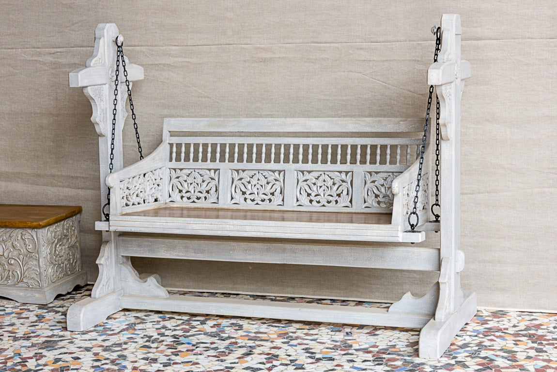 Carved Handmade Indian Furniture Solid Mango Wood Swing Daybed In Whitewash