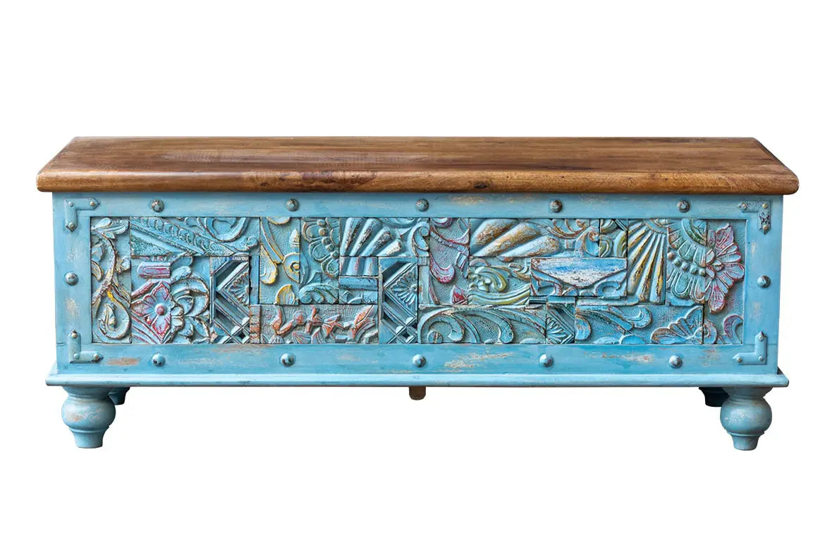 Carved Oasis Hand Carved Mango Wood Carved Blanket Storage Box in Blue