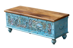 Carved Oasis Hand Carved Mango Wood Carved Blanket Storage Box in Blue