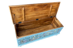 Carved Oasis Hand Carved Mango Wood Carved Blanket Storage Box in Blue