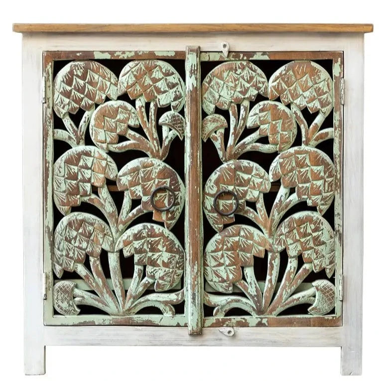 Carved Oasis Hand Carved Mango Wood Carved 2 Doors Cabinet With Natural Top