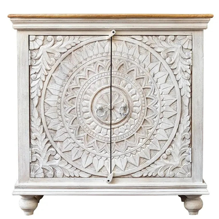 Carved Oasis Hand Carved Mango Wood Carved 2 Doors Cabinet With Natural Top