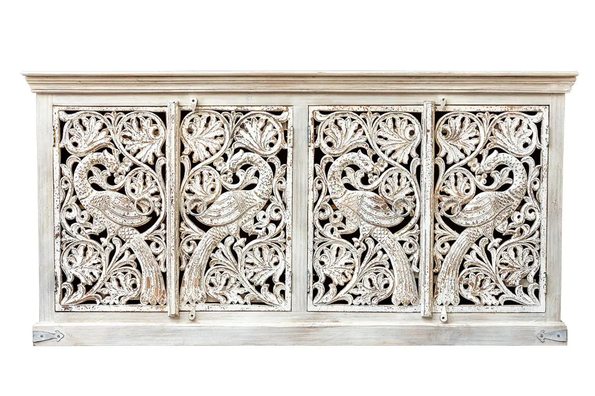 Carved Oasis Hand Carved Mango Wood Carved 4 Doors Sideboard in All White