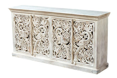 Carved Oasis Hand Carved Mango Wood Carved 4 Doors Sideboard in All White