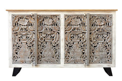 Carved Oasis Hand Carved Mango Wood Carved 4 Doors Sideboard on Metal Stand