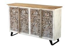 Carved Oasis Hand Carved Mango Wood Carved 4 Doors Sideboard on Metal Stand