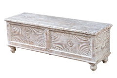 Carved Oasis Handmade Classic Mango Wood Carved Blanket Storage box Distressed White