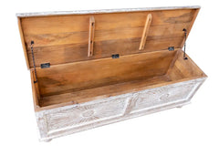 Carved Oasis Handmade Classic Mango Wood Carved Blanket Storage box Distressed White