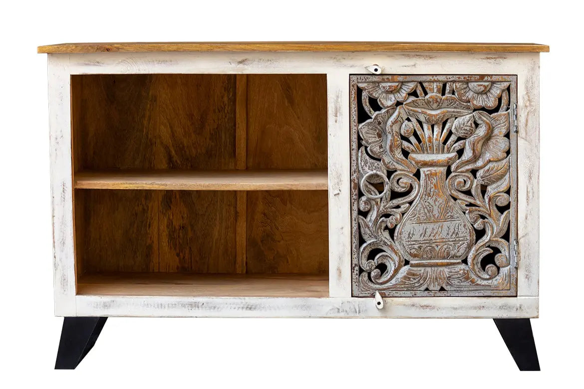 Carved Oasis Hand Carved Mango Wood Carved 2 Doors TV Cabinet Rustic Colors