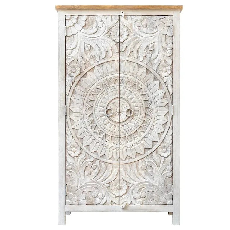 Carved Oasis Hand Carved Mango Wood Carved 2 Doors Wardrobe Cabinet in All White