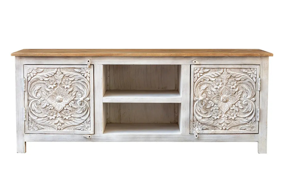 Carved Oasis Hand Carved Mango Wood 2 Doors TV Unit in All White