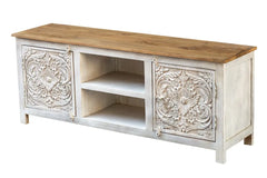 Carved Oasis Hand Carved Mango Wood 2 Doors TV Unit in All White