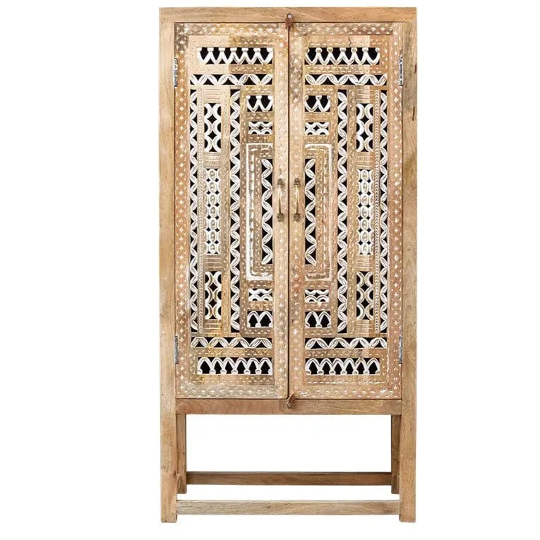 Carved Oasis Hand Carved Mango Wood Carved 2 Doors Wardrobe Cabinet in Whitewash