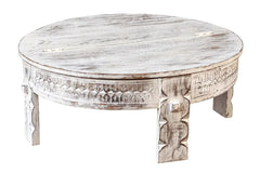 Tribal Handmade Indian Furniture Solid Hard Wood Storage Chakki Grinder Table in Whitewash