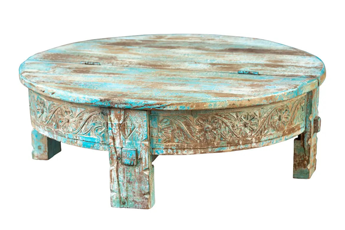 Tribal Handmade Indian Furniture Solid Hard Wood Storage Chakki Grinder Table in Antique Blue