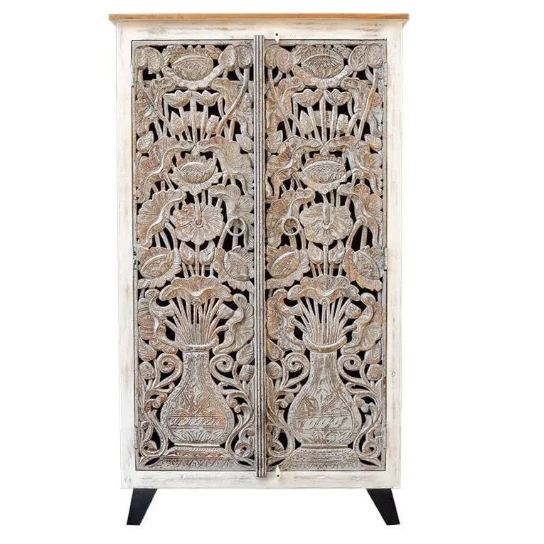 Carved Oasis Hand Carved Mango Wood 2 Doors Wardrobe Cabinet On Stand